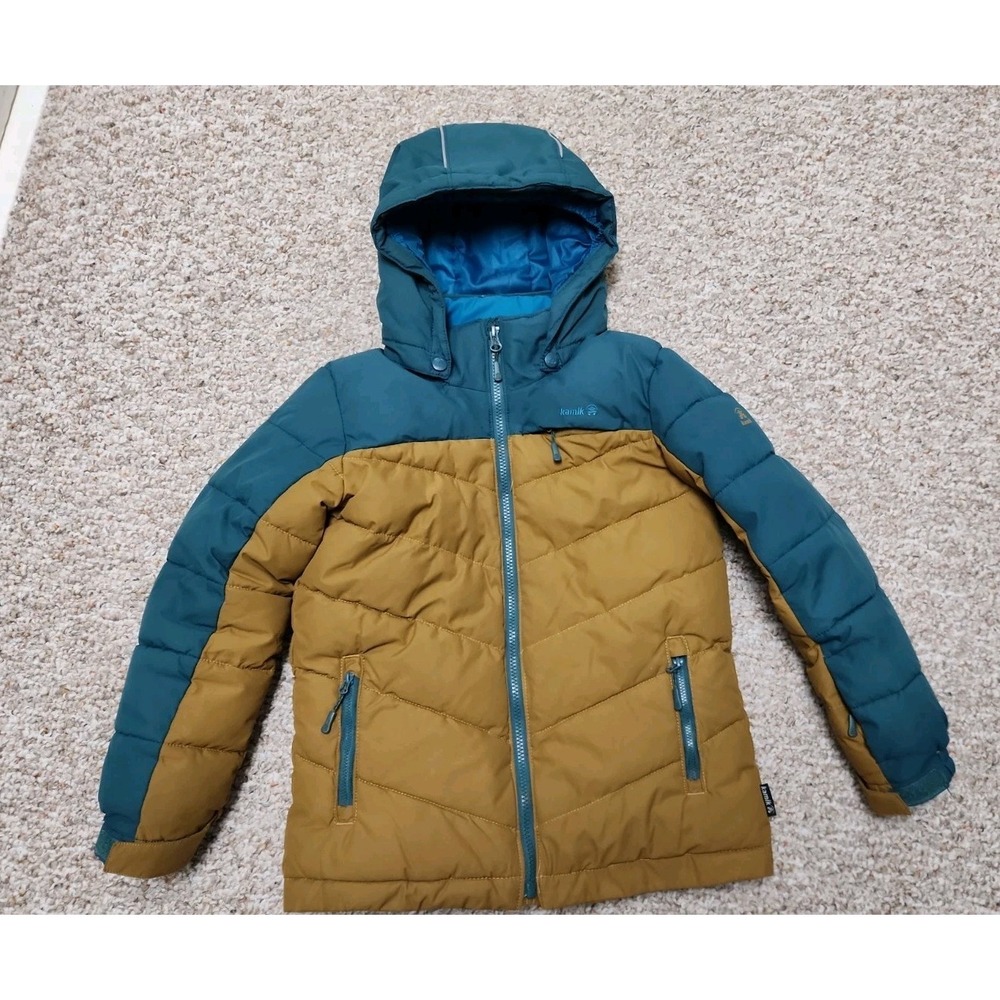 Kamik Boys Size 8 Teal Tan Full Zip Removable Hood Snow Skirt Ski Jacket